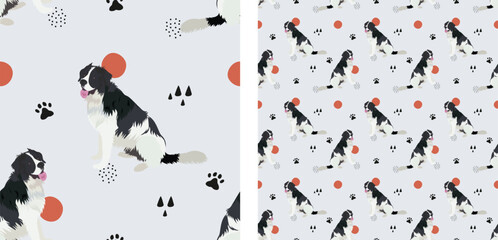 Seamless pattern, cute dog with tongue sticking out. Square format texture, t-shirt, poster, packaging, textile, wrapping paper. Trendy hand-drawn. Gift wallpaper. Newfoundland dog popular icon.