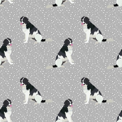 Newfoundland dog seamless pattern.Hand-drawn dog on a repeatable grey background with snow. Cute abstract texture with happy smiling dog illustration. Cartoon style. Popular character. Cover print.