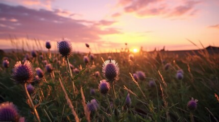 A vibrant Twilight Thistle field at sunset, swaying gently in the breeze, illuminated by the warm, golden sunlight.