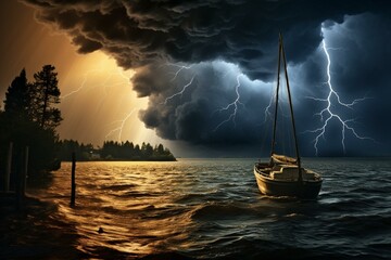 Approaching storm over water with lightning striking, boat in foreground. Generative AI - obrazy, fototapety, plakaty