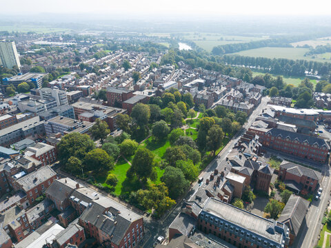 Preston, Lancashire, UK, september 06, 2023; high aspect aerial view over historical Winckley Square and the town cityscape of Preston, Lancashire, England.
