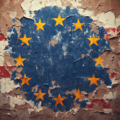 Flag of European Union painted on old cracked wall. ai generative