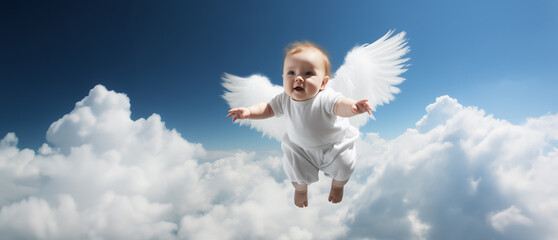 innocent baby toddler with feather wings like an angle flying in the sky above the cloud happy and smiling in soft white clothes as wide banner poster copy space - obrazy, fototapety, plakaty