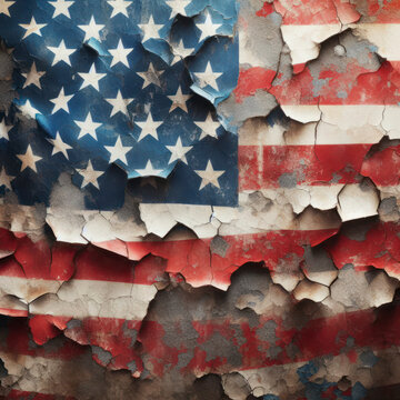 Flag of USA painted on old cracked wall. ai generative
