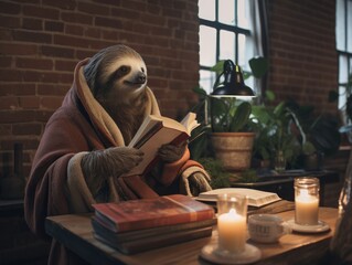 A sloth reading a book in a room with candles. Generative AI.