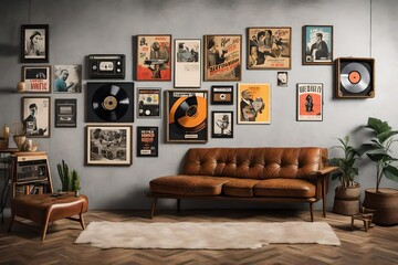 A Canvas Frame for a mockup blending seamlessly with the aesthetic of an old styled TV lounge, where a record player spins nearby and nostalgic show posters grace the walls