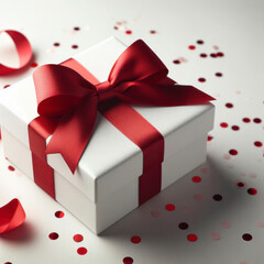 White gift box with red ribbon bow on white background with red confetti. ai generative
