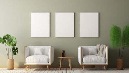 contemporary home office, 3 blank white canvases, 3D wall, neutral colors, daylight