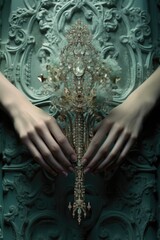 A woman's hands holding a gold and diamond brooch. Generative AI.