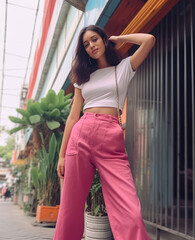 Beautiful young brunette with long hair, wearing a white T-shirt and pink pants, posing in an urban context