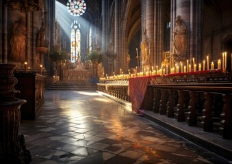 A long aisle with candles in a cathedral. Generative AI.