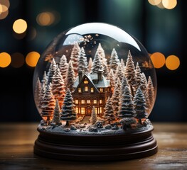 Snow globe with christmas tree and house on wooden background. Christmas decoration concept, on bokeh background