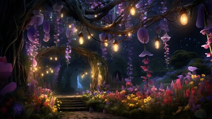 A whimsical garden with Starlight Sweet Pea blossoms, shimmering with a magical aura, all in...