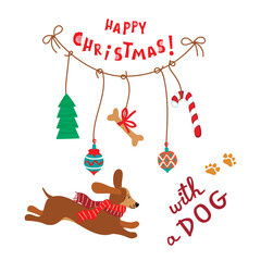 Funny cartoon dachshund dog in warm scarf.Winter holidays greeting card with cute animal character,hand lettering and garland of bone, stick, tree.Vector hand drawn seasonal illustration  on white.