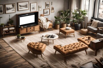 A bird's-eye perspective of a Canvas Frame for a mockup in an old styled TV lounge, emphasizing the coziness of knit throws, tufted ottomans, and classic wooden television sets