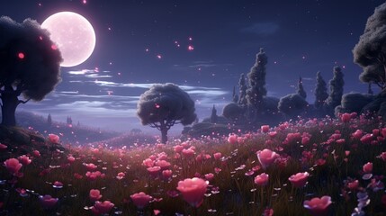 A whimsical scene of Midnight Moss Roses blooming amidst a meadow, with the moon as their gentle...