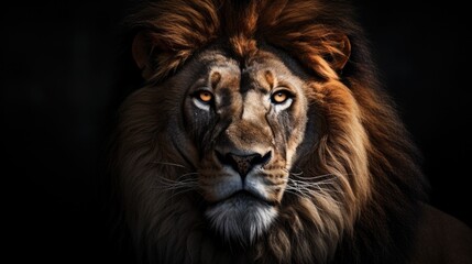 Fototapeta premium A lion with a big mane on a black background. Generative AI.