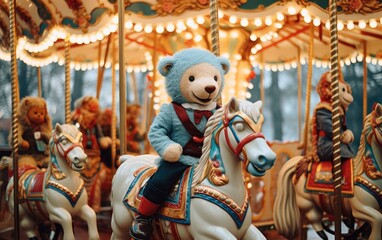 Fototapeta na wymiar A bear riding on a carousel. Generative AI.