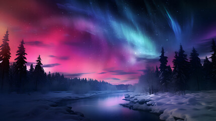 Pink, purple, and blue northern lights in the sky