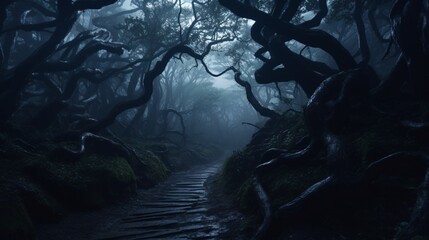 A winding, misty path through a Myrtle forest in the middle of the night.