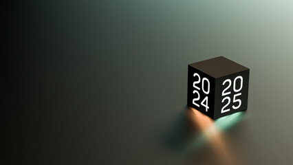 Year 2024-2025, glowing neon numbers on a cube with copy space. 2024,2025, space for text, goal, plan. 2024-2025 banner. 3D render.