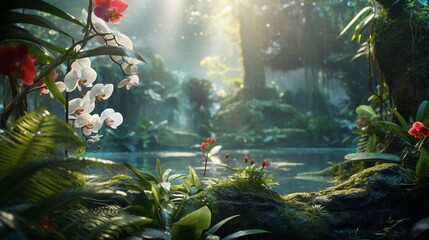 An 8K, high-detailed image of an orchid in a lush, tropical rainforest, surrounded by vibrant...