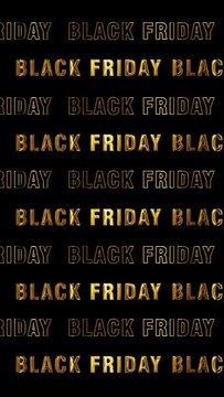 vertical golden Black Friday animation with scrolling text on black background, social media story promotion and sale loop animation