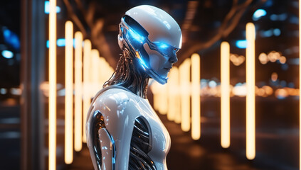 Sleek robotic figure standing amidst glowing vertical lights showcasing cutting-edge technological advancements.	 - obrazy, fototapety, plakaty