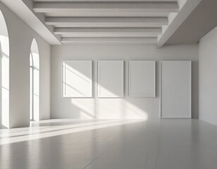 Minimalist art gallery interior, clean white space with empty picture frames, art gallery style. Generative AI