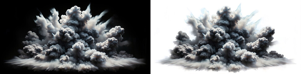 A powerful explosion erupts, sending billowing plumes of smoke outward, filling the atmosphere with a dense, smoky haze. easy overlay with black or alpha backdrop.