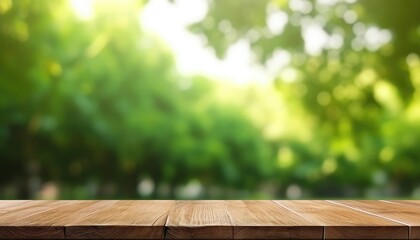 wooden table with ,green  tree and sun ray droplet bokeh for product presentation 