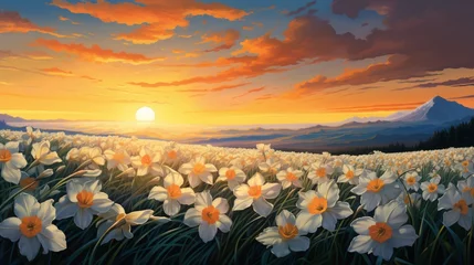  An 8K high-resolution image of a Starflower Daffodil field at sunset, painting the sky with warm hues as the flowers bask in the evening light. © Anmol