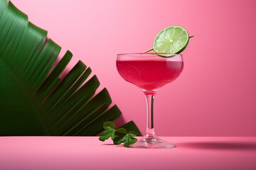 Crimson drink featuring a margarita in a glass with a colorful backdrop, accompanied by green leaves and white foam. Minimalistic pink margarita cocktail banner for a menu. Generative AI