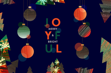 Merry Christmas and Happy New Year banner, greeting card, poster, holiday cover, header. Modern Xmas design with Colorful balls and christmas tree. Watercolor style.