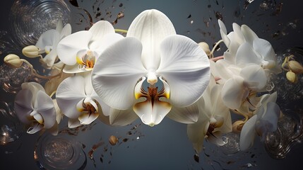 An 8K image capturing the intricate details of an opulent, white orchid in full bloom, with every...