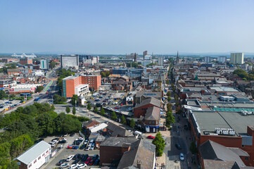 Preston, Lancashire, UK, September 06, 2023  high aspect aerial view of Fishergate high street shopping and over the town cityscape of Preston, Lancashire, England. © Dave