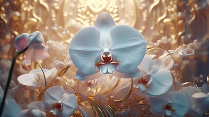 An 8K image capturing the intricate details of an opulent, white orchid in full bloom, with every...