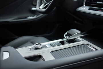 Selector automatic transmission with leather in the interior of a modern expensive car. The...