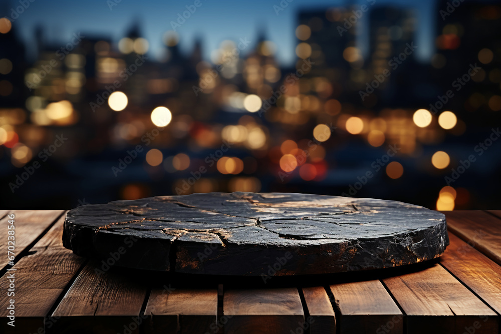 Wall mural black stone table top and blurred bokeh office interior space background. ai generative