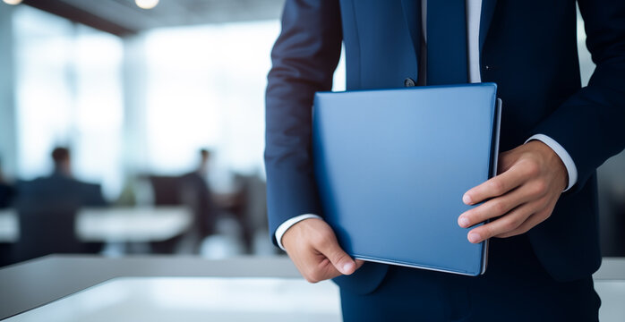 Confident businessman holding a document wallet in modern office
