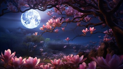 An 8K image of a Moonlit Magnolia garden in full bloom, with each petal beautifully illuminated by...