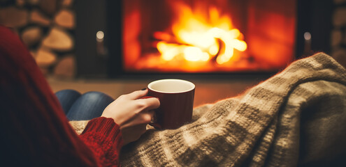 Young woman relaxing with warm cup of tea at modern fireplace. Cozy warm moments at winter. Young female resting
