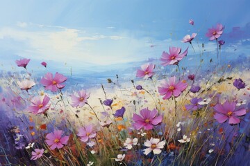 Fototapeta na wymiar Abstract oil painting with vibrant purple cosmos daisy and wildflowers in a field under a blue sky. Captures the essence of spring and summer. Generative AI