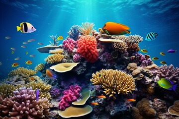 Naklejka na ściany i meble Coral reef showcasing marine life. Generative AI