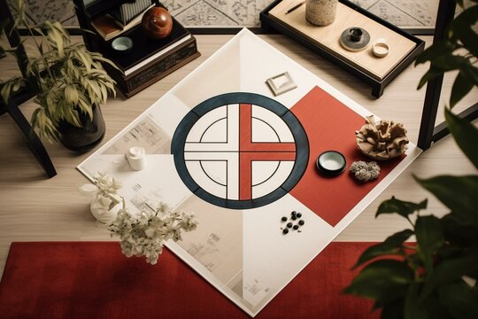 Interior design project with feng shui consultancy, apartment floor plan, bagua and tao symbol, yin and yang polarity, monogram concept background. Generative AI