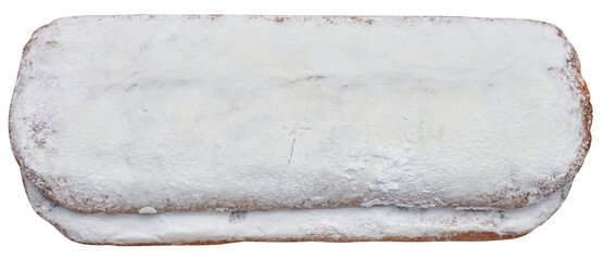 Baked stollen sprinkled with powdered sugar on a white isolated background