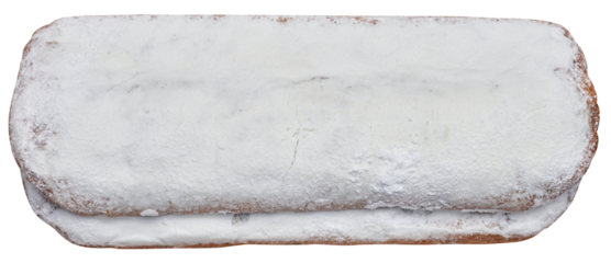 Baked stollen sprinkled with powdered sugar on a white isolated background