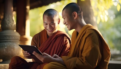 Young buddhist monks using a tablet inside a buddhist temple

 - obrazy, fototapety, plakaty