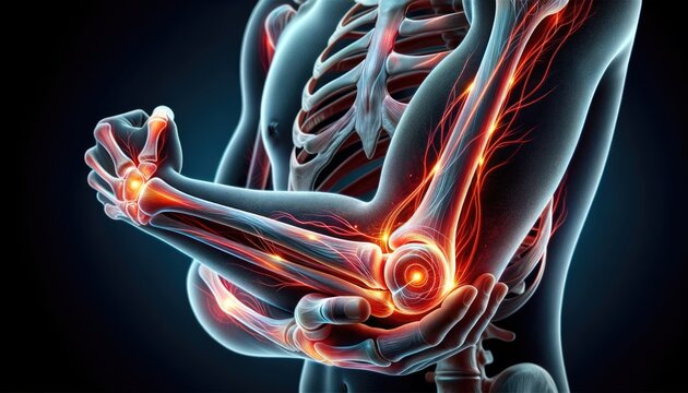 3D representation emphasizing pain and inflammation in the elbow joint, illustrating the interplay of bones, muscles, and tendons. 