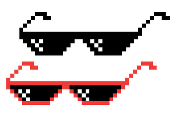 Fototapeta premium Vector Pixel Boss Glasses Icon Set in 8 bit Retro Style. Summer Meme Game Thug Design, Mafia Gangster Funky Sunglasses. Rap Music Design Element